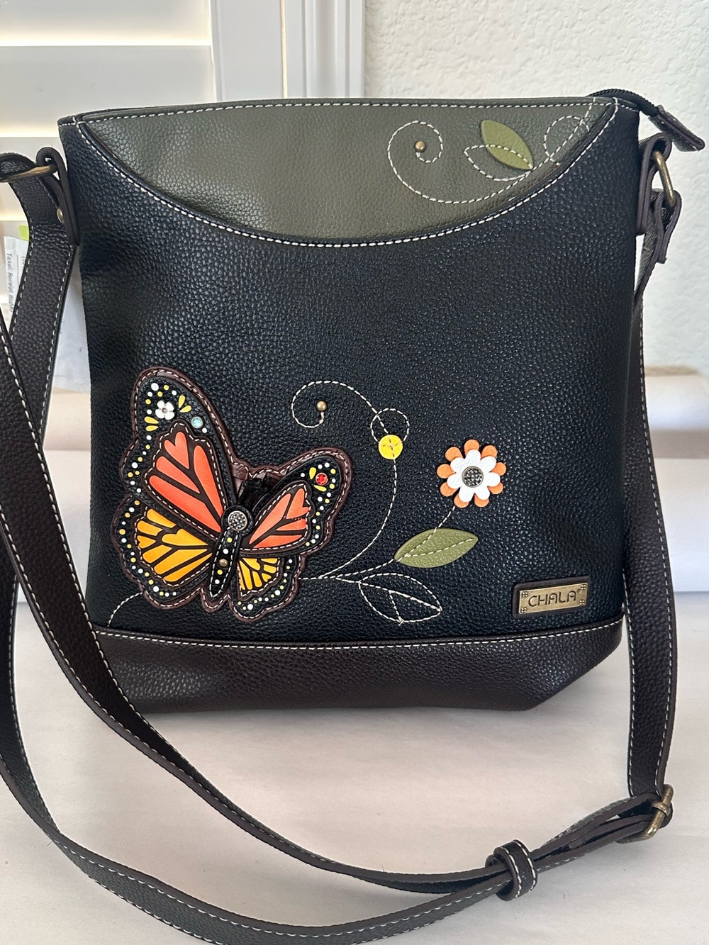 Chala Black Crossbody Bag with Monarch Butterfly